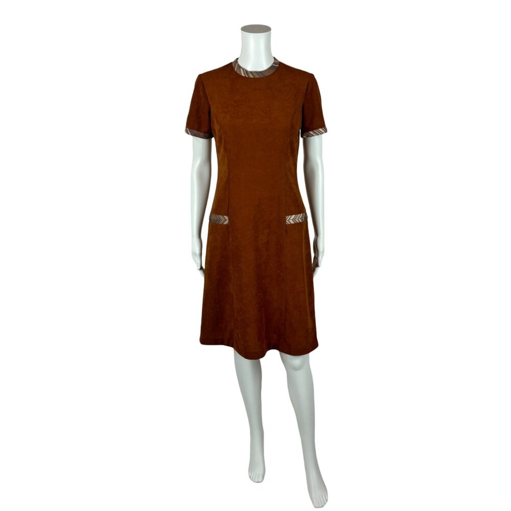 Vintage 70s Mini Dress Women's Small Brown Faux Suede Short Sleeve Shift Boho